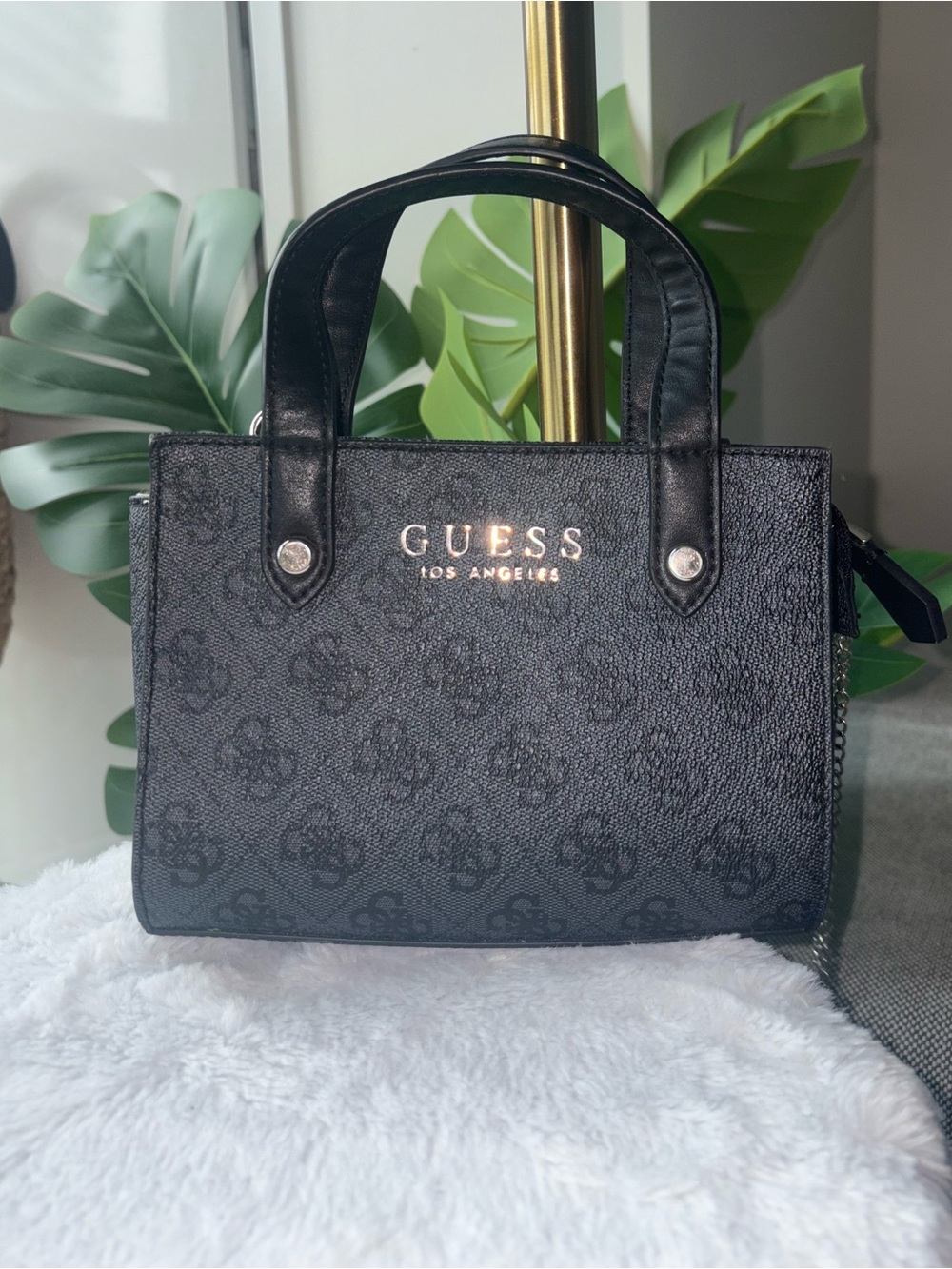 GUESS Black Logo Monogram Mini Handbag Purse | Structured Tote Silver Hardware